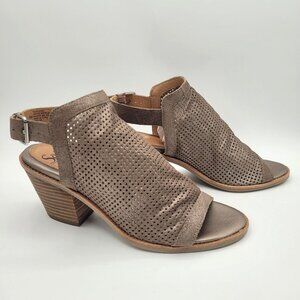 Sofft Milly Womens 9 Block Heel Peep Toe Leather Platinum Bronze Metallic Shoe